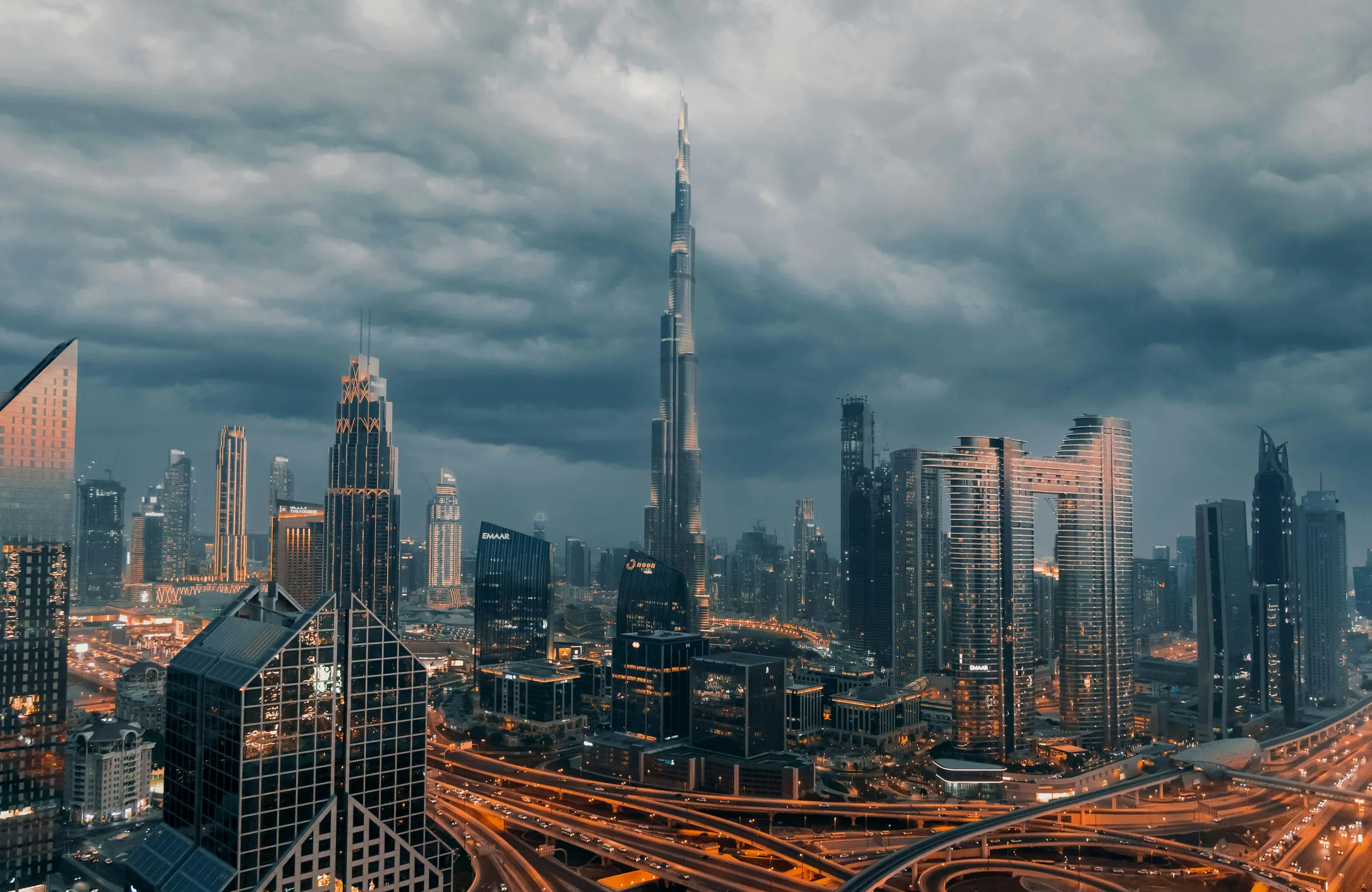 Dubai skyline at dusk with Burj Khalifa